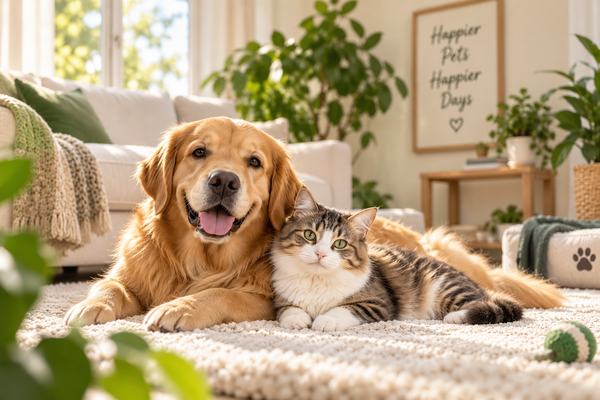 Happy dog and cat in a bright natural home